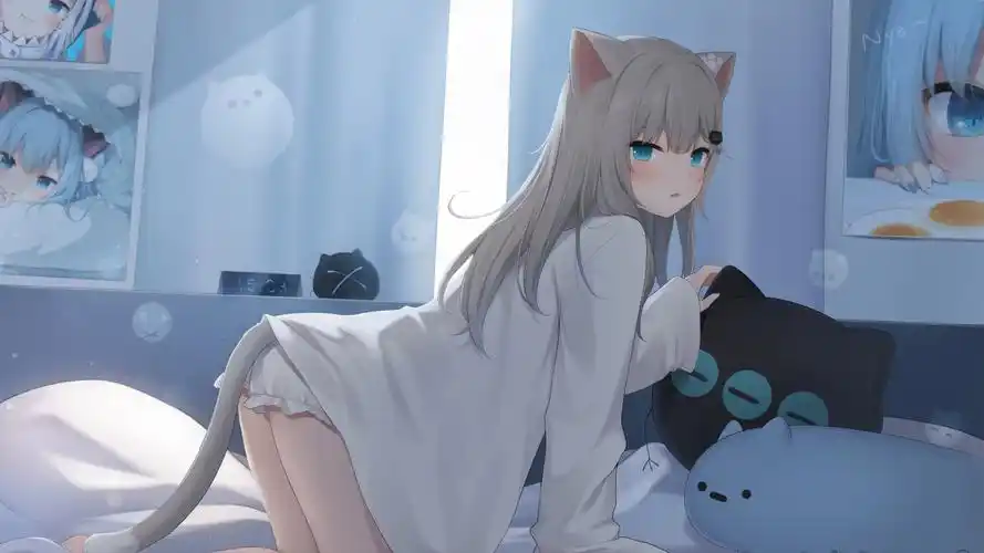 蓝色眼睛猫耳少女 尾巴 可爱二次元动漫壁纸
