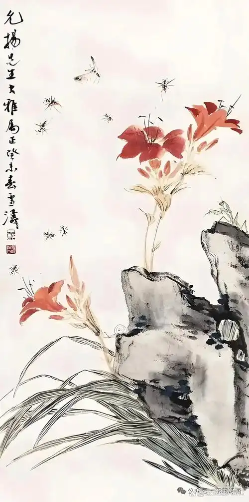 我们欣赏王雪涛大师的萱草花作品,一起品位国画的魅力