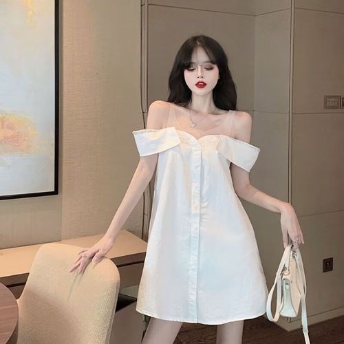 索涉(suoshe)小个子心机露肩连衣裙夏天纯欲性感性感心机一字肩吊带