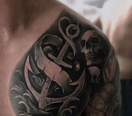 写实前胸船锚骷髅纹身图案