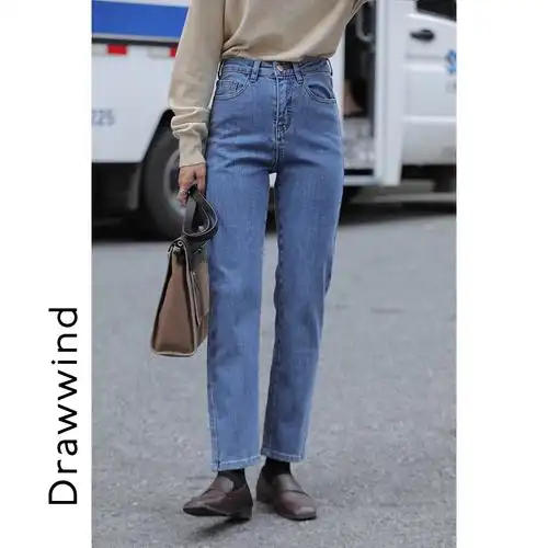 画风家drawwind复古蓝色直筒牛仔裤秋季高腰九分chic牛仔裤