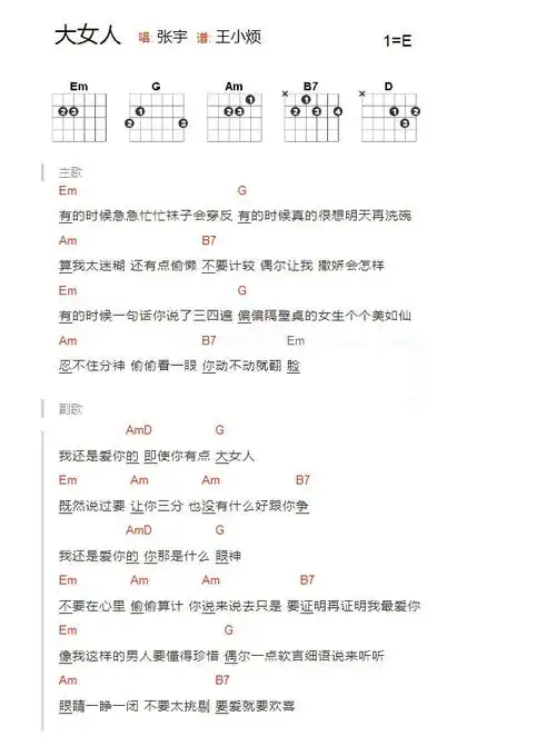 《大女人吉他谱》_张宇_e调_吉他图片谱1张 图1