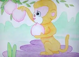 猴子摘桃彩色简笔画