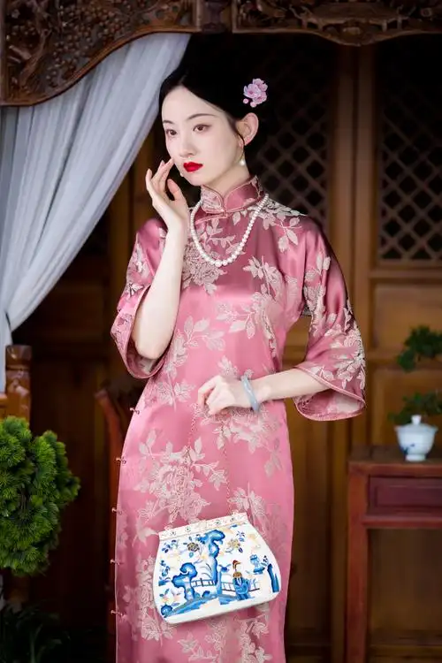 瑰香凝丨一城风絮丨重锻交织提花倒大袖复古民国风长旗袍日常 深粉色