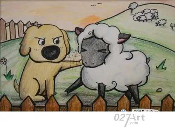 牧羊犬和小羊有趣的动物场景画作品欣赏