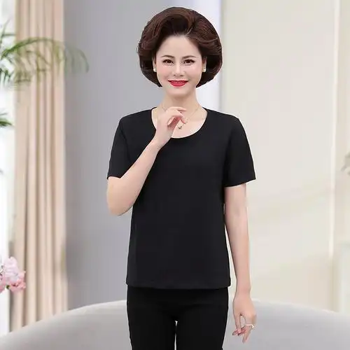 中老年女装夏装上衣中年妇女纯色短袖纯棉t恤妈妈装全棉女式汗衫纯