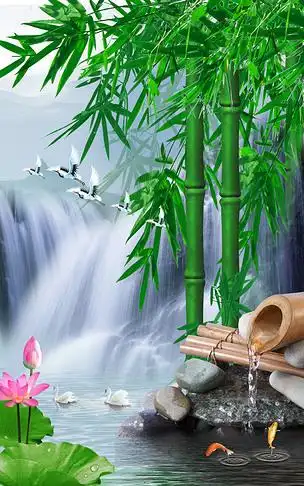 中式玄关竹子瀑布山水背景墙
