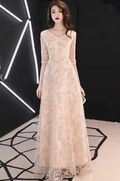 宴会晚礼服新款2020时尚高雅长款简单大方主持人连衣裙女名媛显瘦