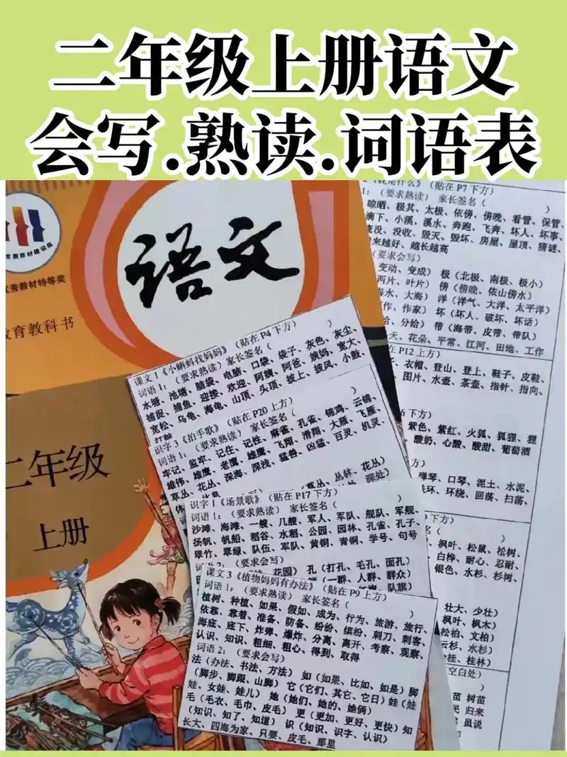 要贴在语文课本上的词语表.二年级上册语文,会写,熟读词语表, - 抖音