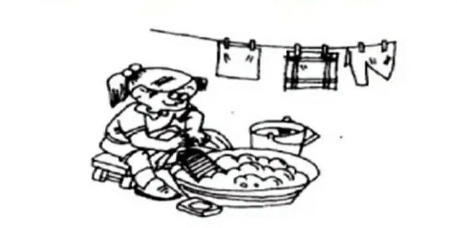 看图写话 洗衣服 星期日上午妈妈去加班了,小红写完作业后看见盆里有