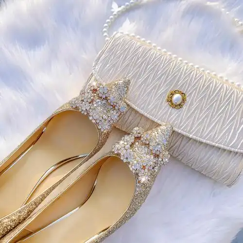 新娘婚鞋秀禾主婚纱俩穿亮片高跟鞋女香槟金水钻水晶鞋2021年新款