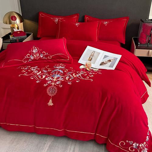 秋冬婚庆牛奶绒喜庆四件套中式大红加厚床单高档被套结婚床上用品