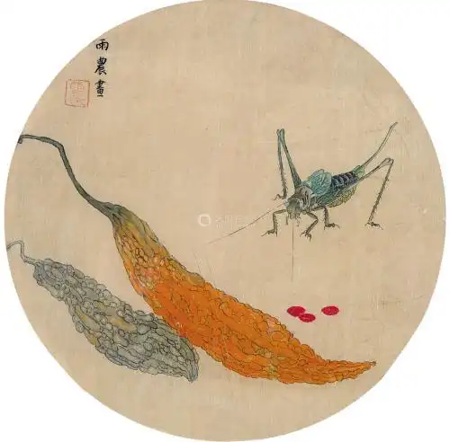 雨农 草虫 团扇(镜框) 设色绢本