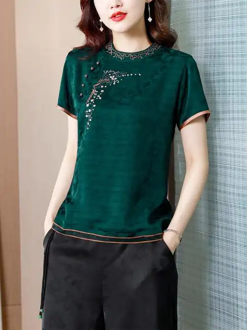 正宗香云纱上衣女专柜正品真丝高端复古气质桑蚕丝妈妈装小衫短袖