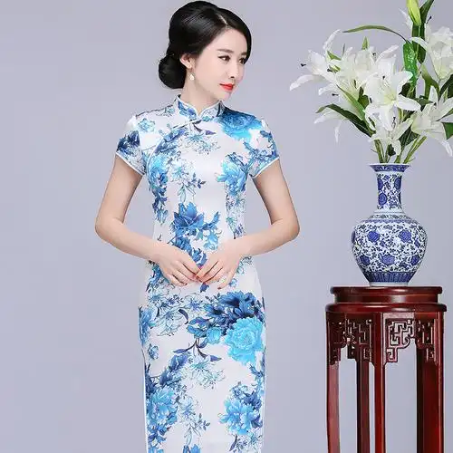 秀旗缘旗袍改良青花瓷印花复古立领盘扣修身显瘦真丝旗袍裙中长款