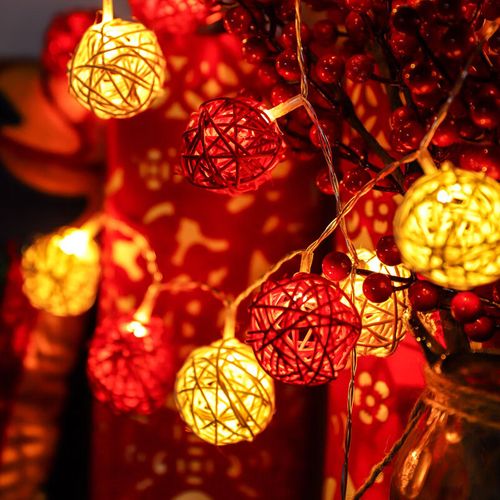 氛围灯房间新年装饰灯春节布置室内藤球氛围灯彩灯闪灯串灯满 白加红