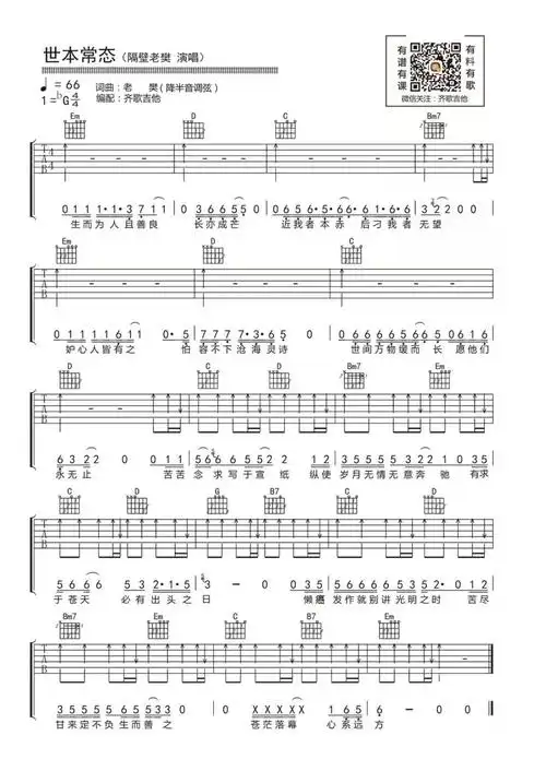 世本常态吉他谱_隔壁老樊 g调和弦