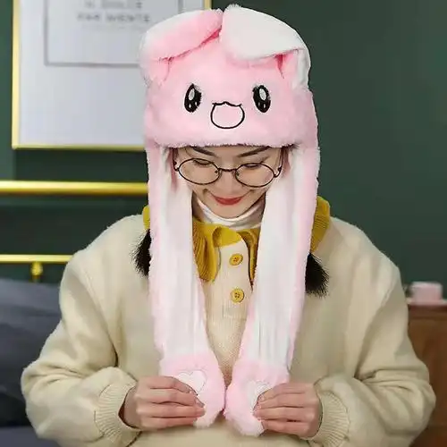 抖音同款发光兔子帽耳朵会动的兔兔帽子网红同款可爱毛绒保暖帽子