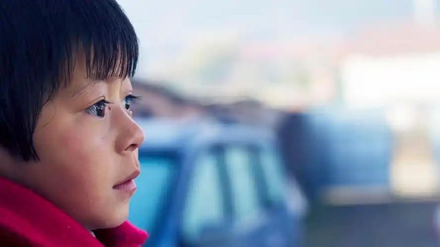 小姑娘的眼神很清澈很放松,衣服的颜色和背景的颜色形成了比较舒服的