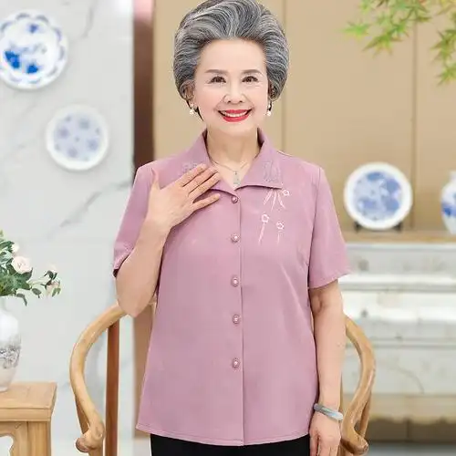 中老年人女装夏装妈妈大码短袖套装60岁70奶奶装长袖上衣老人衣服