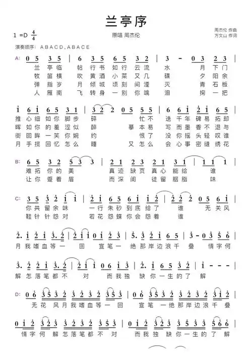 兰亭序智能简谱原唱 周杰伦-苍强曲谱