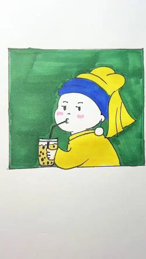 微胖版喝珍珠奶茶的戴珍珠耳环的少女简笔画 画画 儿童简笔画 儿童简