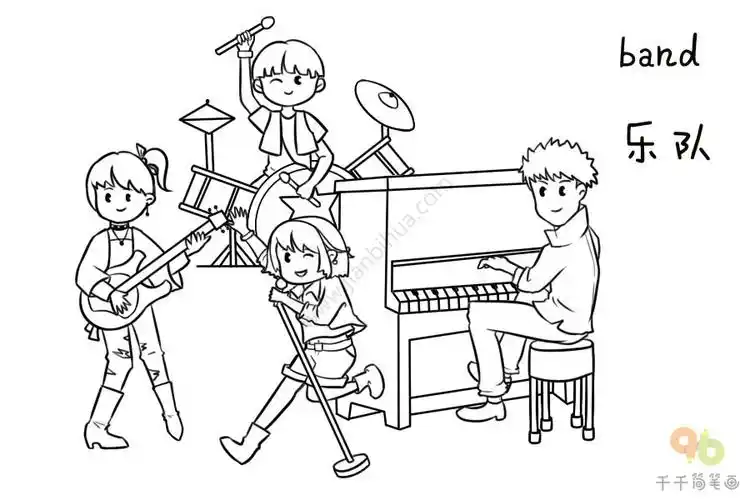 宝宝英文认知乐队简笔画大全
