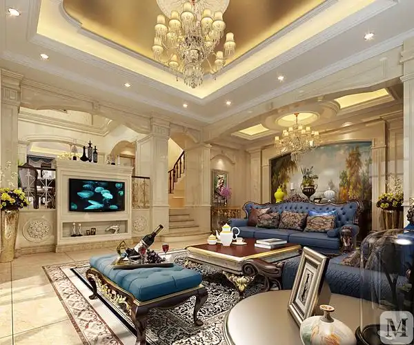 简欧 #联排别墅 客厅以大理石基调配合珀金弯型吊顶让欧式浓郁,然户