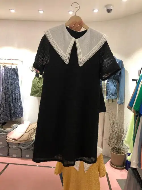 现~韩国东大门2021夏装新款气质翻领纹理设计感小众短袖连衣裙女