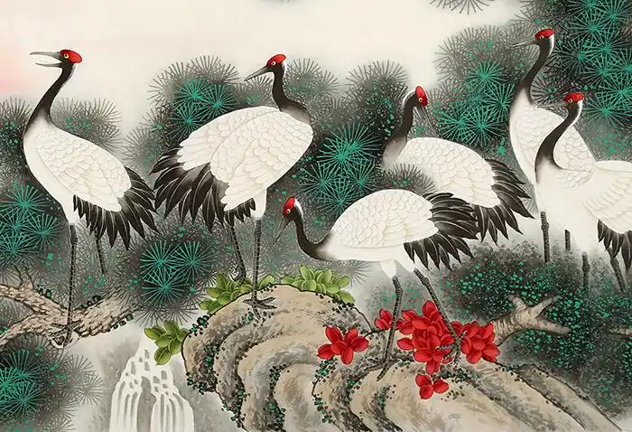 已售长寿松鹤图张清栋工笔花鸟画松鹤延年