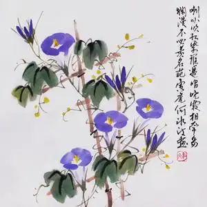 原创手绘国画小品牵牛花鸟图案简约斗方挂画手写字画无框装饰画芯