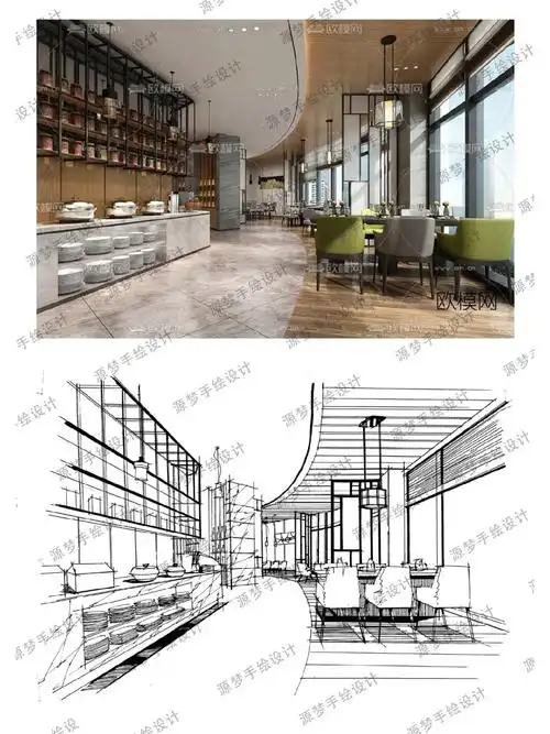 这张图整体为一点透视,但由于右侧是弧线墙体,房间内部设计有两点透视