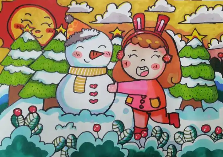 儿童简笔画冬天来啦马克笔附线稿图