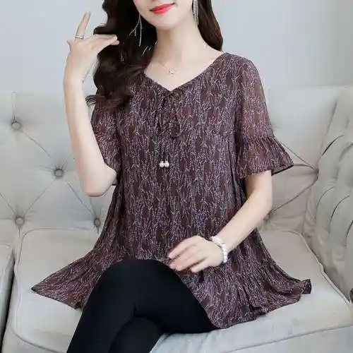 雪纺衫加肥特大码女装胖妹妹宽松遮肚夏季短袖碎花中长款胖mm上衣