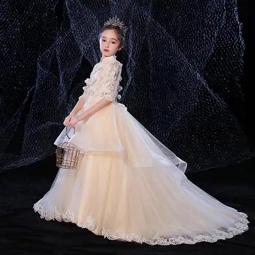 儿童拖尾礼服公主女童蓬蓬生日小女孩走秀花童儿童礼服