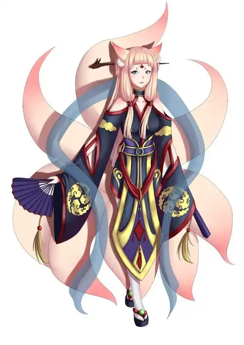 九尾狐,个性活泼天真,有一条尾巴位于正后方,所以从正面看是8条尾巴