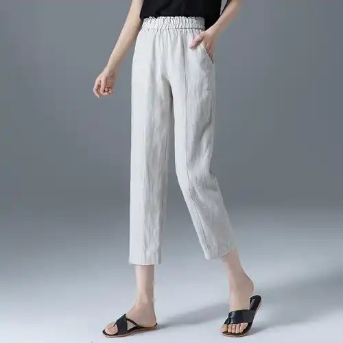 松紧亚麻裤直筒宽松女夏薄款九分棉麻女裤休闲裤休闲裤