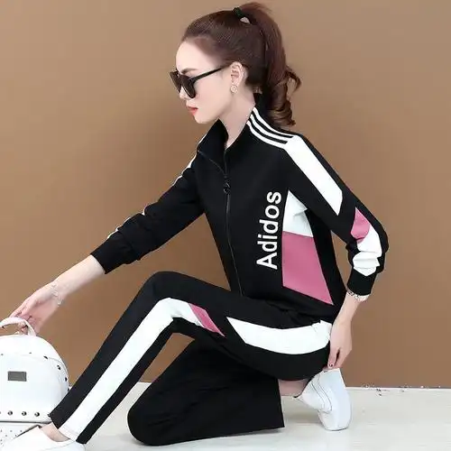 珂卡慕kekamu休闲运动服套装女2020新款春秋时尚拼色立领长袖卫衣跑步