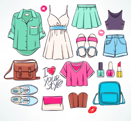 手绘卡通时尚女性服装插画