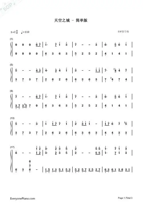 天空之城适中版eop教学曲双手简谱预览1