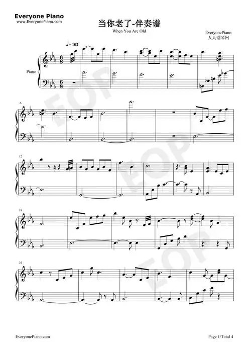 当你老了-伴奏谱-钢琴谱文件(五线谱,双手简谱,数字谱,midi,pdf)免费