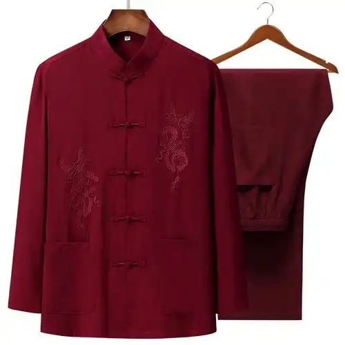 唐装男长袖套装中式棉麻刺绣汉服中老年人爸爸装春秋居士服大码装