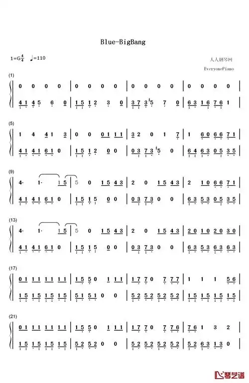 blue钢琴简谱-数字双手-bigbang1
