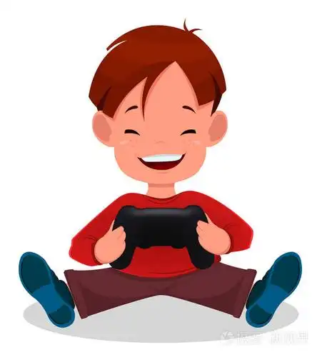 性格开朗的小男孩玩视频游戏.可爱的卡通小孩.矢量字符.eps10