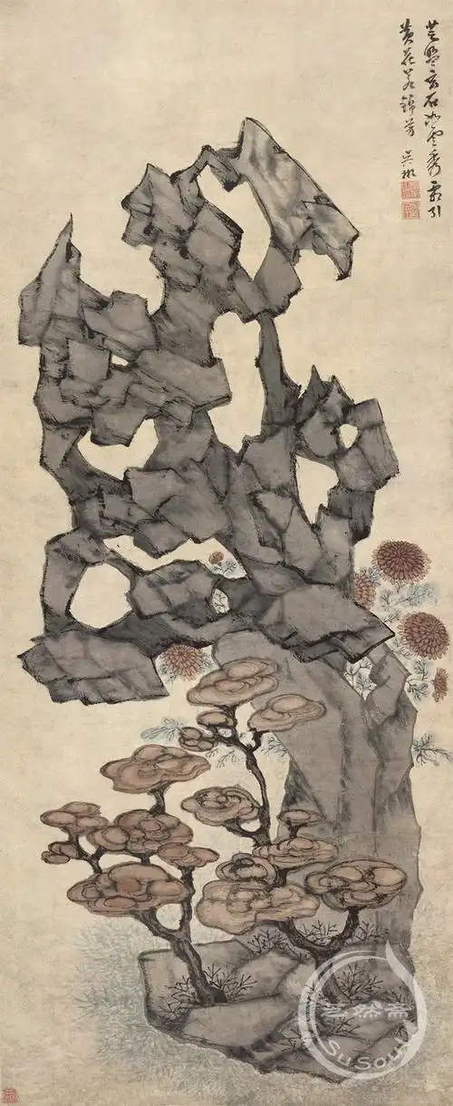 吴彬灵芝太湖石图