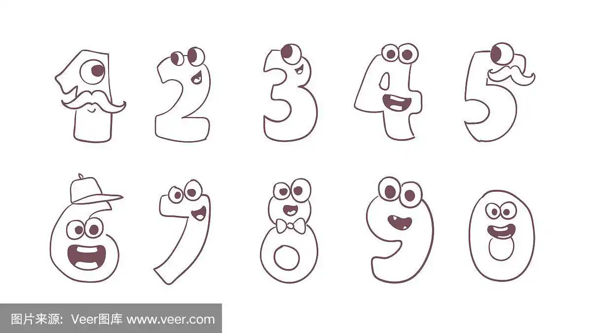向量可爱的数字从0到9.一套卡通数字在涂鸦风格的设计.