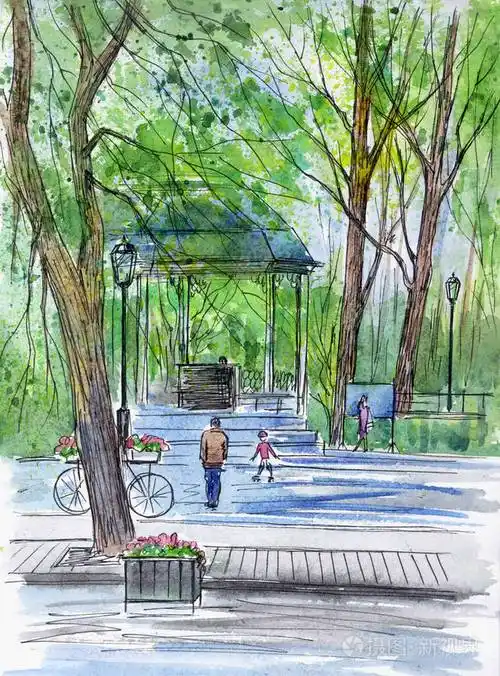 公园的春天风景与凉亭手绘水彩和衬里