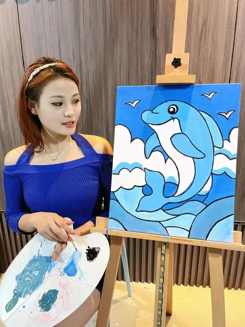 丙烯画|简单6色也很可爱98～93附调色96 超级清新的蓝色系海豚