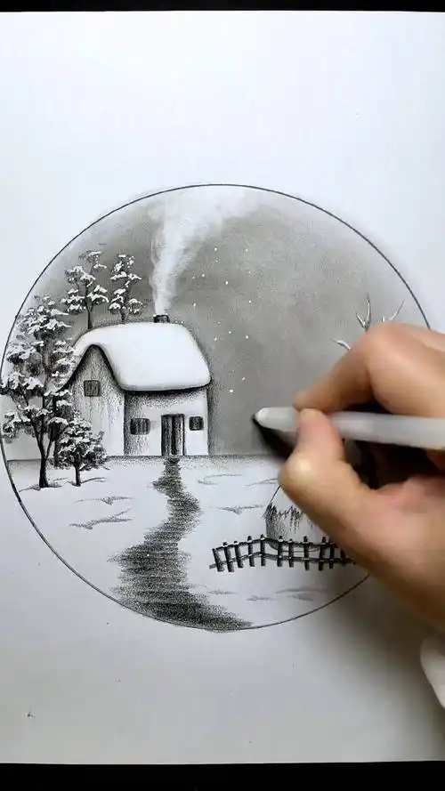 简单画家乡雪景零基础学画画 炭笔画 炭笔风景画