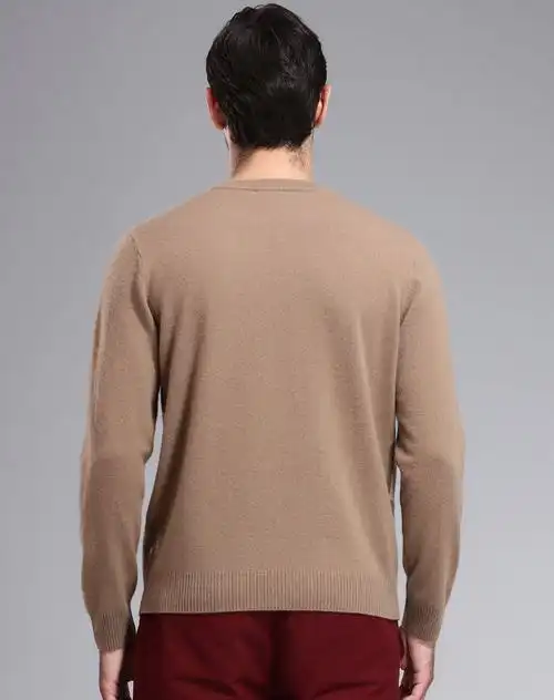 男卡其棕山羊绒圆领套衫